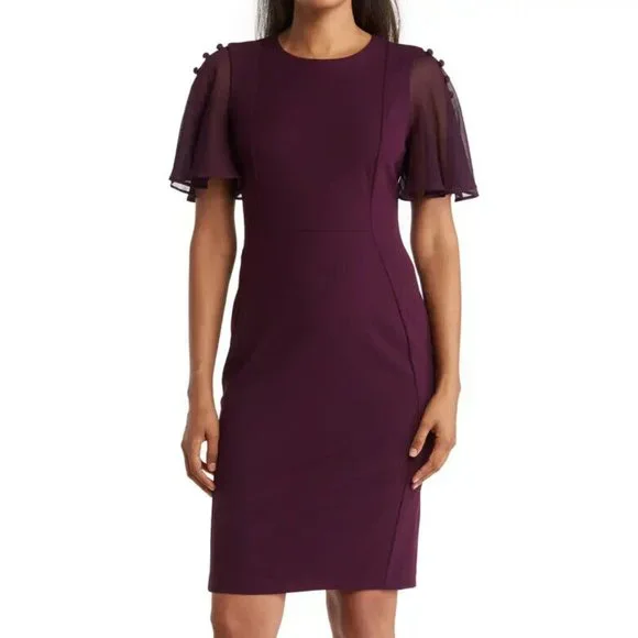Calvin Klein | Dresses | Size 8 Calvin Klein Womens Button Chiffon Flutter  Sleeve Sheath Dress | Poshmark